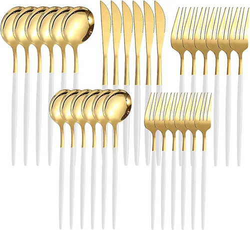 Kawlity Cubiertos de acero inoxidable duraderos de color blanco y dorado, cuchillos pulidos, cuchara, tenedores, 30 piezas, vajilla de cena, para