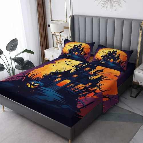 Miniatura 8 de Juego de sábanas de murciélago tamaño individual, sábanas de Halloween, sábanas y fundas de almohada estampadas de 3 piezas, sábana bajera ajustable