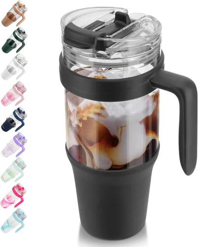 Miniatura 9 de Tronco Vaso de vidrio de 32 onzas con popote y tapa, tapa con popote 2 en 1 a prueba de fugas, botellas de agua de vidrio con asa, apto para Rosa