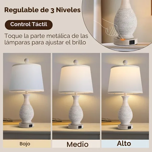 Miniatura 3 de PARTPHONER Juego de 2 lámparas de mesa tradicionales, lámpara táctil de cabecera con puertos de carga USB C+A, lámparas de mesa rústicas