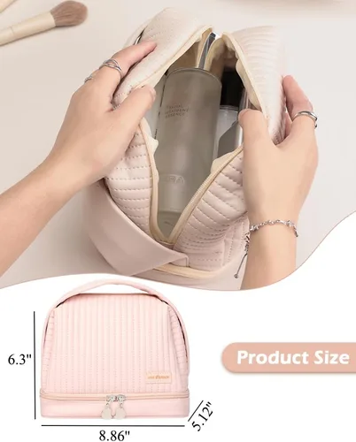 Miniatura 2 de Bolsa de cosméticos para mujer, bolsa de aseo con un compartimento separado, bolsa de maquillaje de viaje con soporte para cepillos extraíble, Rosa