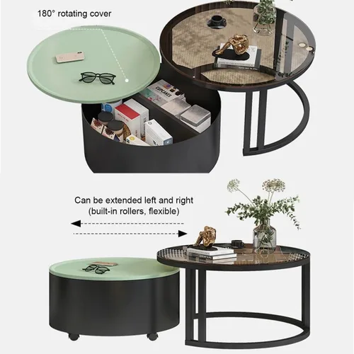 Miniatura 5 de Couchtisch Rund 2er Set, Kreativer Runder Couchtisch Aus Glas mit Metallrahmen, Mit Stauraum für Kleine Räume Wohnzimmer Schlafzimmer Balkone mit B