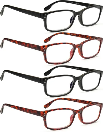 Miniatura 19 de Kerecsen Paquete de 4 lentes de lectura para hombres y mujeres con bisagras de resorte, anteojos rectangulares ligeros de color negro