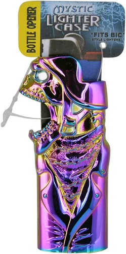 Funda de metal iridiscente para encendedores BIC, protector de encendedor y abrebotellas - Biker