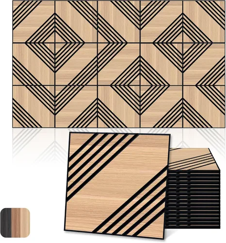 Miniatura 17 de Mollywell Paneles acústicos, decoración de grano de madera de PVC, azulejos de pared con patrón tallado de 12 x 12 pulgadas, autoadhesivos