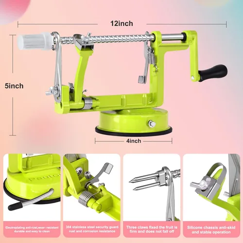Miniatura 2 de Pelador de manzanas, cortador y descorazonador de papas 3 en 1, de acero inoxidable resistente con base de ventosa y 3 cuchillas extra (Verde)