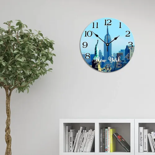 Miniatura 25 de Reloj de pared con paisaje urbano de Nueva York, Estados Unidos, reloj de pared grande de viaje, funciona con pilas, 9 pulgadas, silencioso