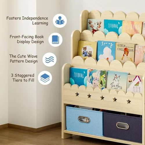 Miniatura 3 de EXPERLAM Estantería infantil 2 en 1 con 2 cajones de almacenamiento de juguetes, estantería frontal festoneada de 3 niveles para niños, organizador