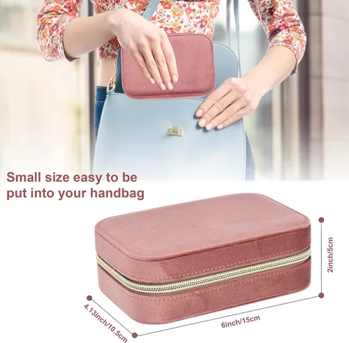 Miniatura 2 de Dajasan Joyero de terciopelo, pequeño estuche de joyería de viaje, organizador de joyas portátil de viaje para mujeres y niñas (rosa)