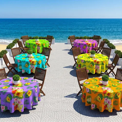 Miniatura 7 de Oudain Mantel hawaiano de 3 piezas de 84 pulgadas con hojas de palmera tropicales, flores redondas, de plástico, desechable, circular, impermeable