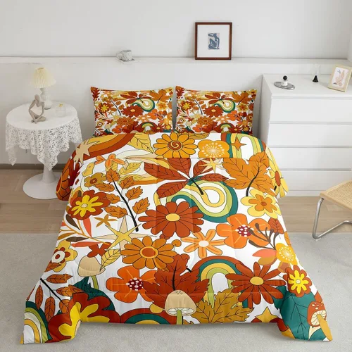 Miniatura 9 de Juego de ropa de cama con estampado floral bohemio, tamaño individual, diseño retro de flores groovy, 60S y 70S, juego de edredón de flores hippie