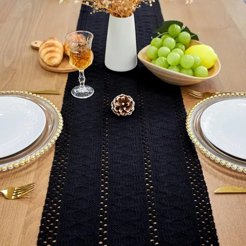 Miniatura 2 de FEXIA Camino de Mesa Negro con Borlas de 72 Pulgadas Macramé Boho Estilo Granja Camino de Mesa para Decoración de Dormitorio y Comedor