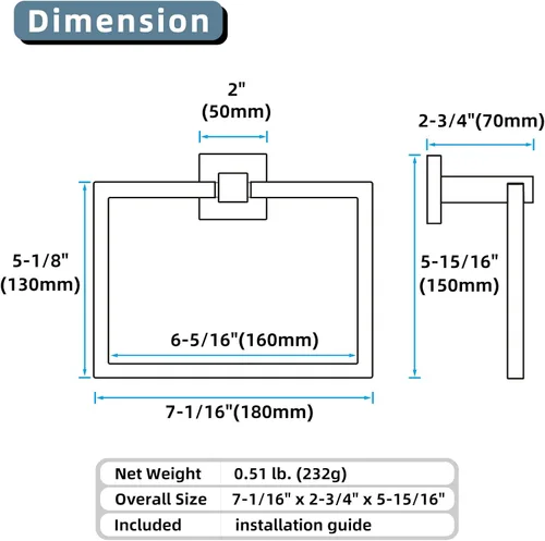 Miniatura 9 de Angle Simple SUS 304 - Toallero cuadrado de acero inoxidable para pared de baño, 7.09 pulgadas