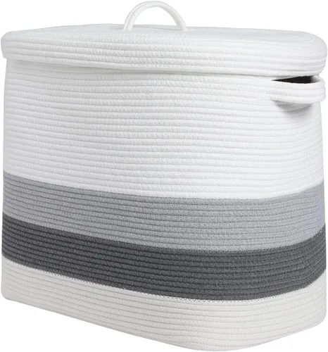 Cesta de almacenamiento rectangular extragrande de 22"x14"x18" con tapa, cesta de almacenamiento grande de cuerda de algodón, cesta de ropa tejida,