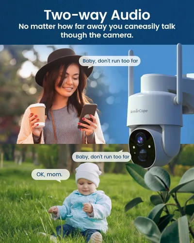 Miniatura 2 de Cámaras de seguridad solar Armorcope inalámbricas para exteriores, vista de 360°, alimentadas por batería con foco, visión nocturna a color, WiFi 2K