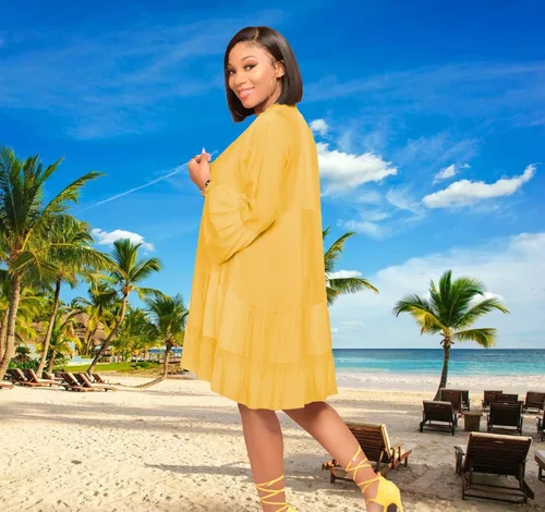 Miniatura 5 de FairyLove Women's Casual V Neck Dress Long Sleeve Flowy Babydoll Swing Ruffle Dress