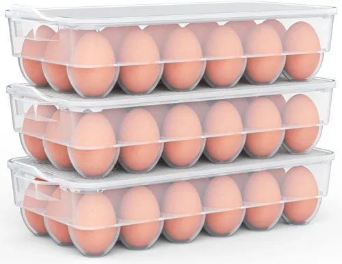 Soporte para huevos cubierto transparente, paquete de 3, almacenamiento de huevos de plástico para refrigerador, contenedor de bandeja de huevos con