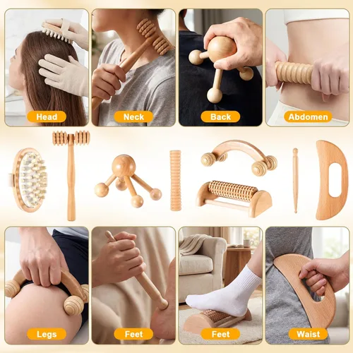Miniatura 5 de TrelaCo Juego de 8 herramientas de masaje de terapia de madera, kit de masajes de drenaje linfático, rodillos de masaje manuales para aliviar