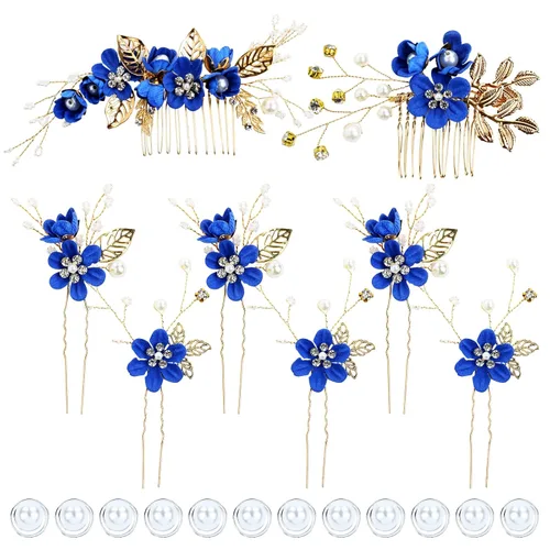 inSowni Paquete de 20 Peines Laterales Clásicos Blancos Rosa Polvoriento Azul Flor Nupcial Boda + Horquillas de Pelo con Forma de U con Flores +