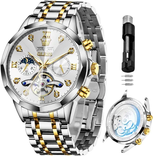 Miniatura 41 de OLEVS Reloj de pulsera automático con diseño de esqueleto para hombre, de lujo, con diamantes de lujo, de acero inoxidable, calendario, reloj