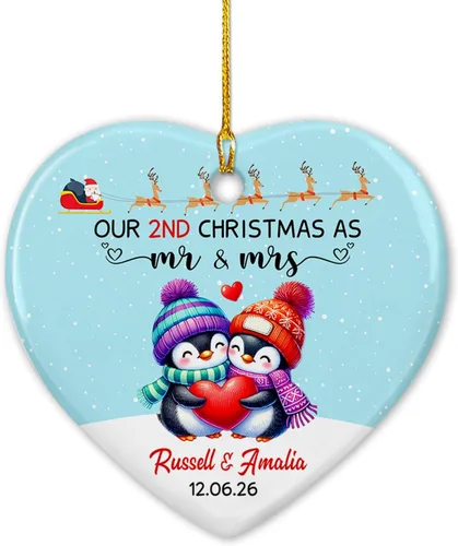 Miniatura 15 de Nuestro adorno de cerámica casado de 2ª Navidad, regalo personalizado de adorno de boda de oso polar, regalo de adorno de boda, Mr Mrs Married