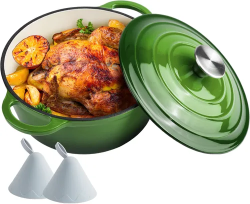 Miniatura 18 de Horno holandés de hierro fundido esmaltado de 6 cuartos de galón con tapa, asas dobles grandes, apto para horno hasta 500 °F, olla redonda clásica
