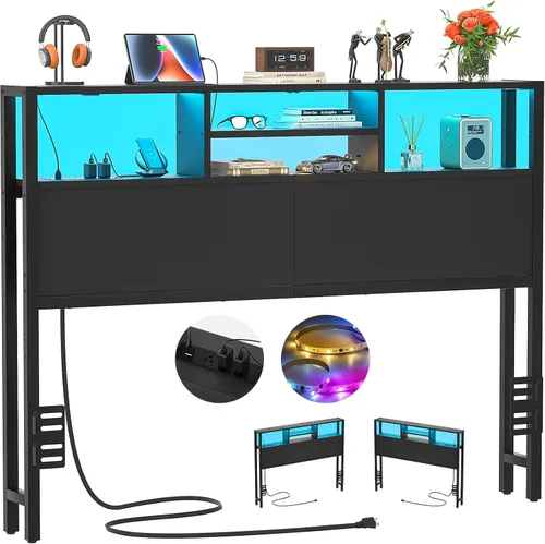 Miniatura 22 de Cabecero Aheaplus para Cama Individual con Almacenamiento, Cabeceros con Enchufes, Puertos USB y Luz LED, Cabecero Individual Solo, Altura