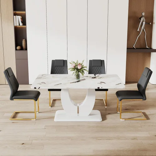 Miniatura 12 de JUFU Moderno juego de mesa de comedor y 4 sillas, juego de mesa de comedor de mármol sintético blanco para 4, juego de mesa de comedor y 4 sillas
