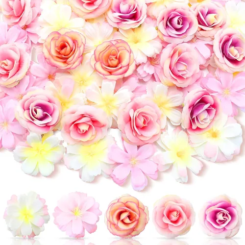 Miniatura 8 de Hanaive 80 cabezas de flores de seda, pequeñas peonías falsas, margaritas, rosas, ciruelos, flores de tela 3D, cabezas de flores artificiales a