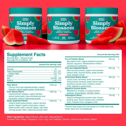 Miniatura 2 de Simply Blossom Nutrition Daily Greens & Superfood Powder + Colágeno + Probióticos para la salud digestiva de las mujeres y alivio de la hinchazón.