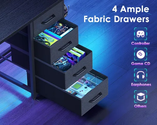 Miniatura 7 de ODK Escritorio para computadora de 55 pulgadas con 4 cajones, escritorio de oficina con luces LED y estantes de almacenamiento, mesa de estudio Negro