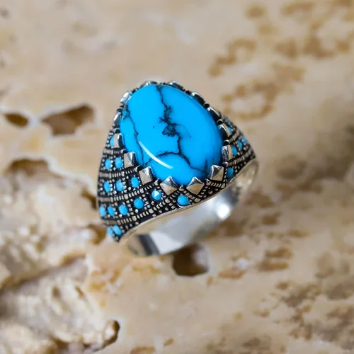 Miniatura 2 de Anillo de lujo de plata de ley 925 maciza turca hecha a mano con turquesa simulada