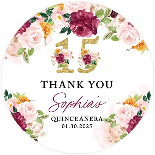 Andaz Press Paquete de 40 etiquetas personalizadas redondas de 2" para quinceañera, etiquetas adhesivas personalizadas de agradecimiento con flores