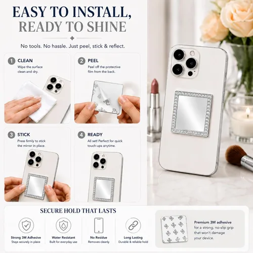 Miniatura 2 de Wireless City Espejo cuadrado para teléfono, espejo de maquillaje con diamantes dorados con circonita cúbica, adhesivo de espejo de 2.0 in
