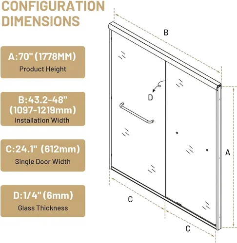 Miniatura 7 de Findepot Puerta de ducha doble corredera de 44-48 pulgadas de ancho x 70 pulgadas de alto, puerta de ducha semi-sin marco con vidrio templado