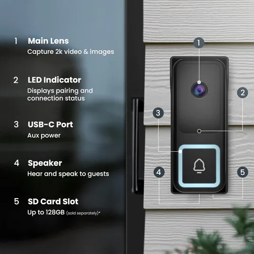 Miniatura 6 de Feit Electric Cámara de timbre inteligente, video HD 2K con cable, visión nocturna, detección de movimiento, audio bidireccional, compatible