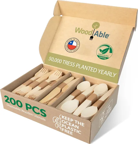 Miniatura 15 de Juego de cubiertos de madera desechables – 100% compostable para el hogar – 100 tenedores de 6.5 pulgadas, utensilios de bambú alternativos