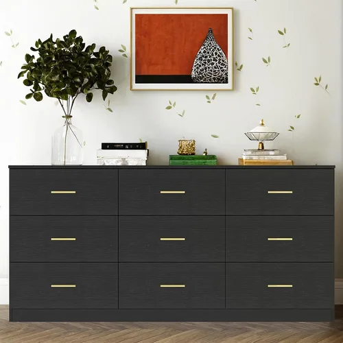 Miniatura 9 de Spaco Cómoda negra para dormitorio, cómoda moderna y grande de 6 cajones con asa dorada, cómoda de almacenamiento, mueble de madera para TV, mueble