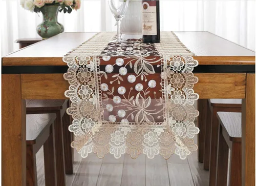 Miniatura 3 de Camino de mesa con bordado floral de encaje, bufanda rectangular transparente de poliéster para decoración de mesa del hogar, comedor, 16 x 35 Beige