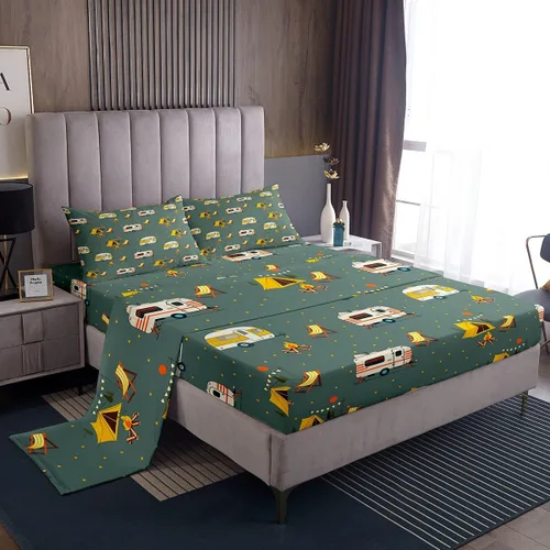 Feelyou Juego de sábanas para cama de cámper Happy Camping para niños y niñas, diseño de dibujos animados, para campamento, automóvil, sábanas con