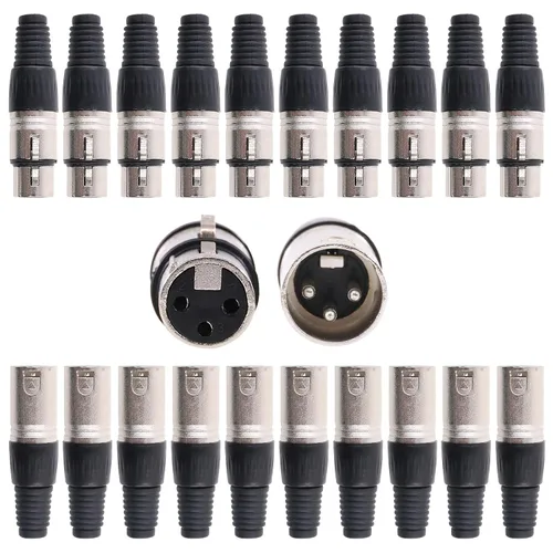 Glarks Paquete de 20 conectores XLR de 3 pines macho/hembra, micrófono de audio, conector de enchufe de audio, carcasa plateada negra