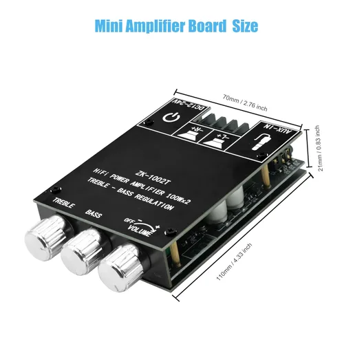 Miniatura 3 de ZK-1002T Placa de amplificador Bluetooth de 100 W+100 W con control de agudos y graves, placa de amplificador de audio estéreo mini de 2.0 canales