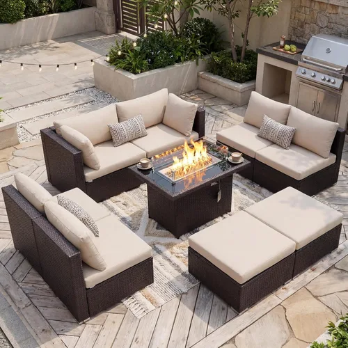 Miniatura 109 de NICESOUL Juego de muebles de patio para exteriores de 7 piezas con mesa para hoguera, gas natural y propano convertible, respaldo alto de 29.3