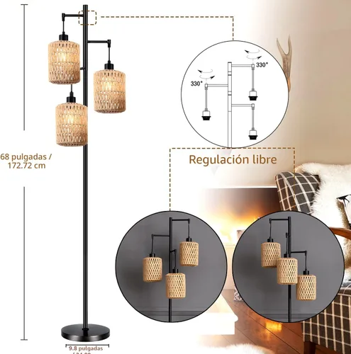 Miniatura 4 de QIYIZM - Lámpara de pie con diseño de árbol de 3 bombillas; alta, rústica, estilo rural, industrial y boho, pantalla de mimbre y bambú; para sala