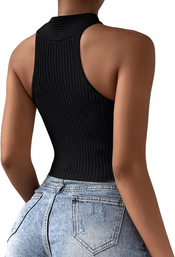 Miniatura 2 de SweatyRocks Camiseta sin mangas casual con cuello halter cruzado para mujer, de punto acanalado