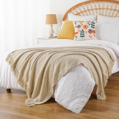 Miniatura 4 de BATTILO HOME Manta beige para sofá, cobija tejida beige para la cama, mantas neutras para decoración de la habitación, regalos para casa nueva, 50 x