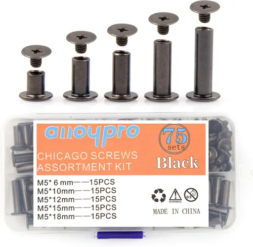 Alloypro 75 juegos de tornillos Chicago surtidos, 5 tamaños, remaches de cuero de metal negro, cabeza Phillip ranurada, postes de encuadernación de