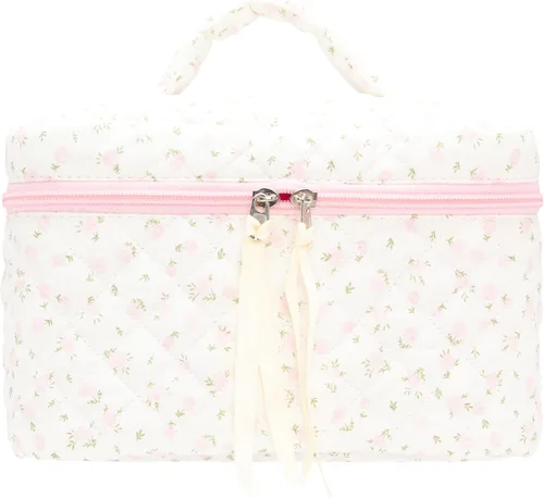 Miniatura 9 de PAZIMIIK - Bolsa de maquillaje de algodón para mujer, grande, acolchada para viaje, Rosa (Bow Pink), Vintage