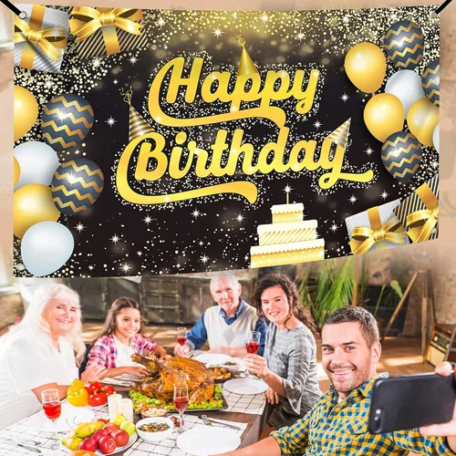 Miniatura 6 de KatchOn, Cartel extragrande de feliz cumpleaños negro y dorado, 72 x 44 pulgadas, pancarta de fondo para decoraciones de feliz cumpleaños