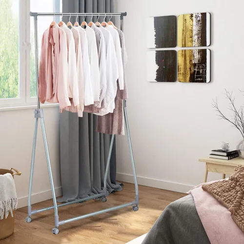 Miniatura 4 de Tangkula Perchero extensible para ropa, resistente y plegable con barra para colgar ajustable, colgador de ropa rodante para oficina en casa
